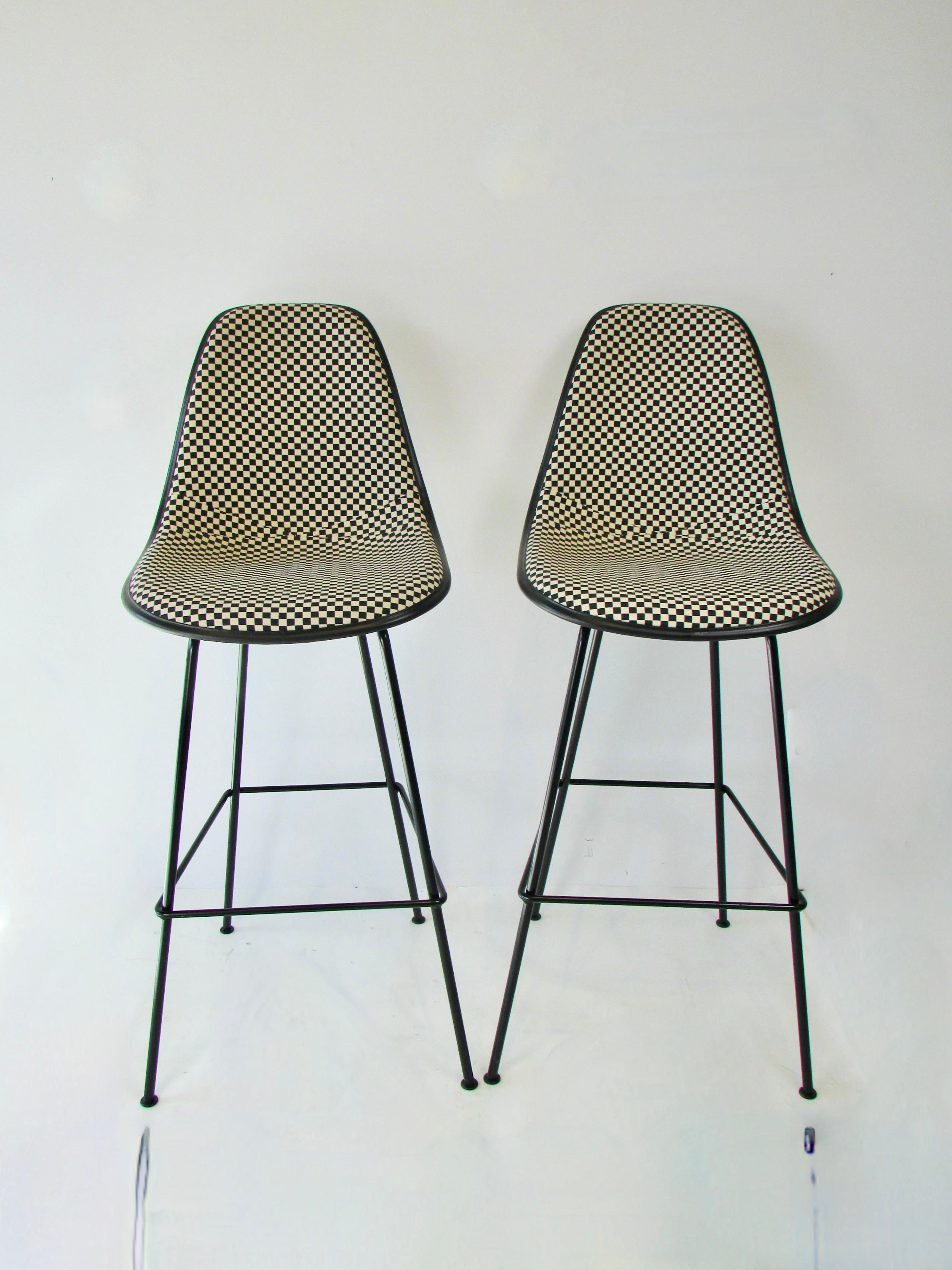 Pair of Eames Herman Miller Bar Stools in Alexander Girard Black White Check For Sale 3