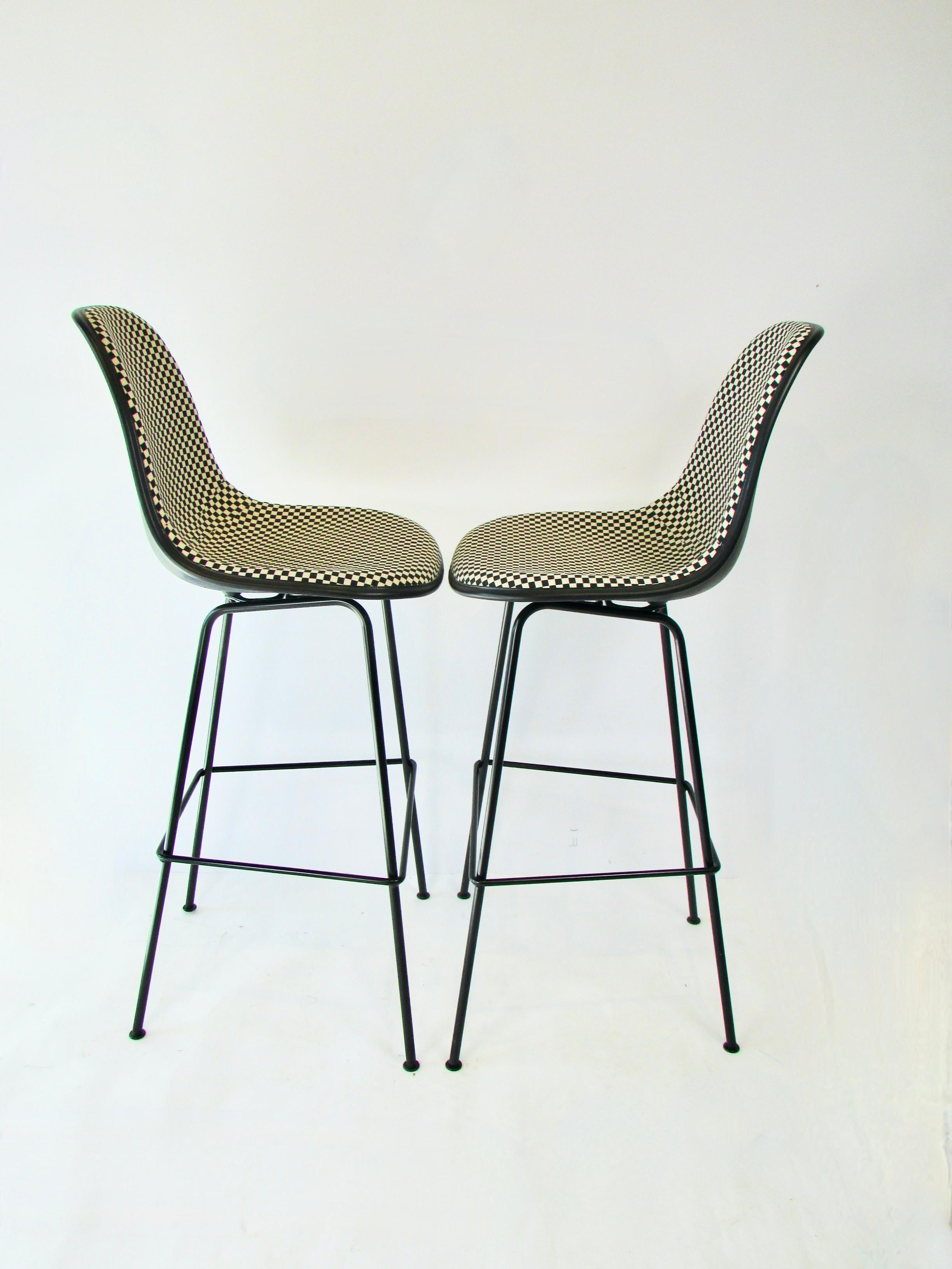 Pair of Eames Herman Miller Bar Stools in Alexander Girard Black White Check 1