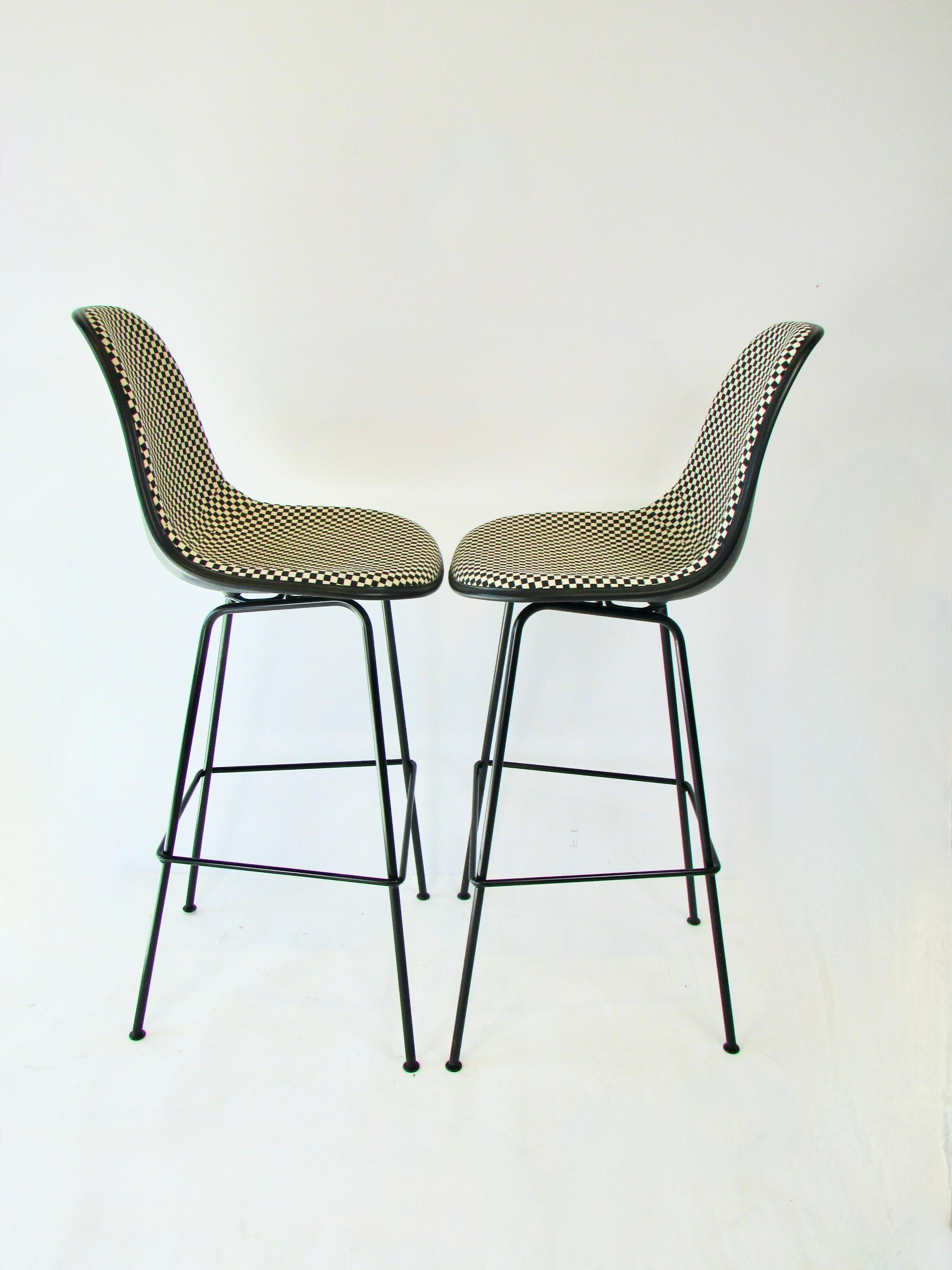 Pair of Eames Herman Miller Bar Stools in Alexander Girard Black White Check For Sale 1