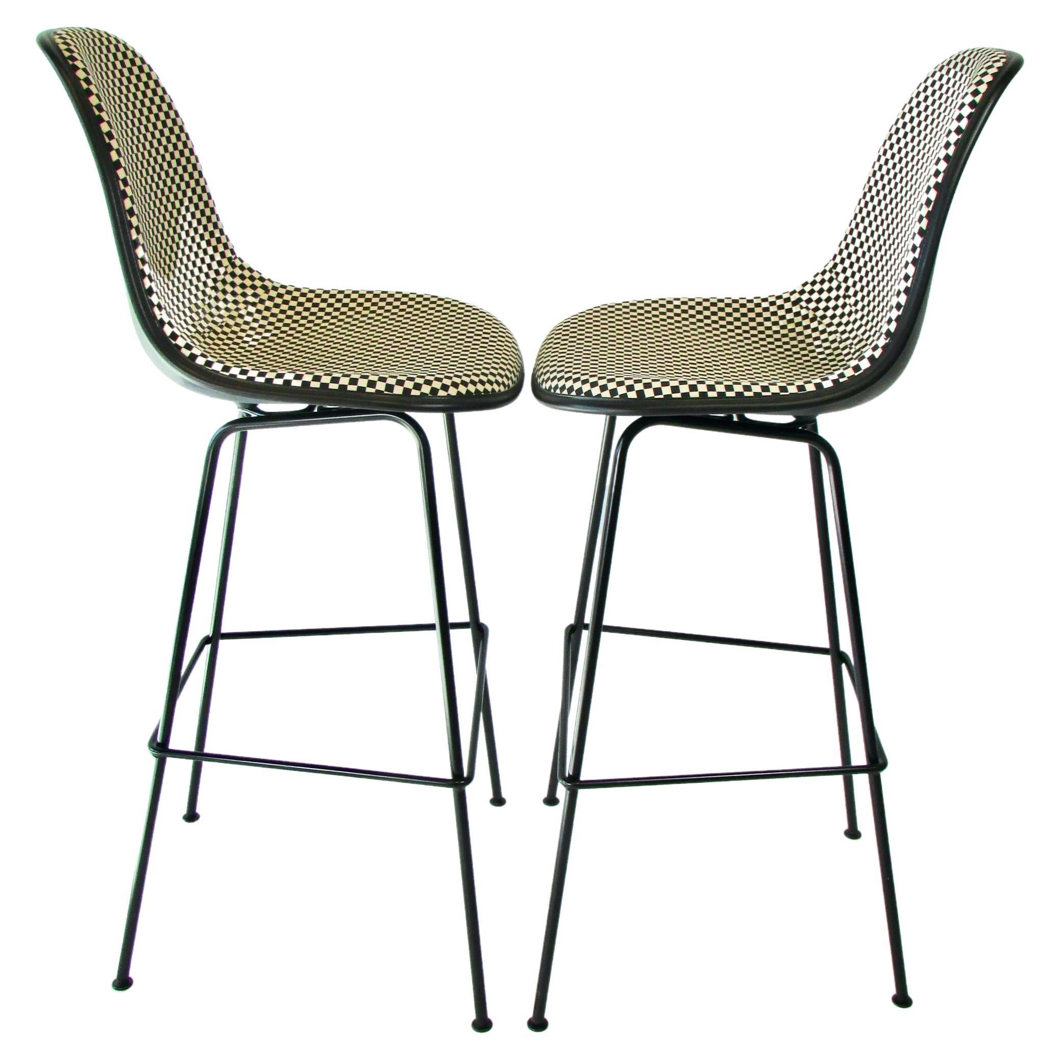 Pair of Eames Herman Miller Bar Stools in Alexander Girard Black White Check For Sale