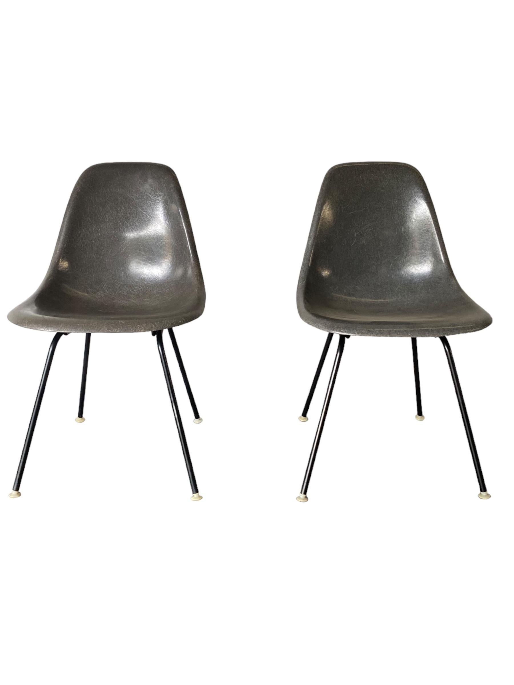 Coppia di sedie da pranzo Elephant Gray Eames di Herman Miller. Queste sedie laterali hanno un'eccellente struttura in fibra di vetro e un colore uniforme. Logo Herman Miller in rilievo visibile ed etichetta di brevetto parziale visibile. Nessuna