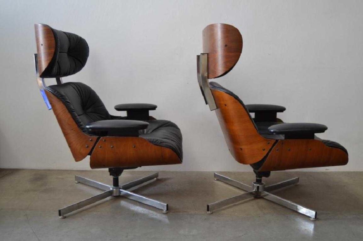 American Pair of Eames Style Mid-Century Modern Lounge Chairs with Matching Ottomans