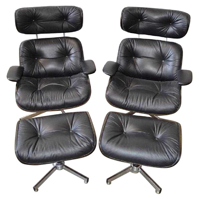 Pair of Eames Style Mid-Century Modern Lounge Chairs with Matching Ottomans
