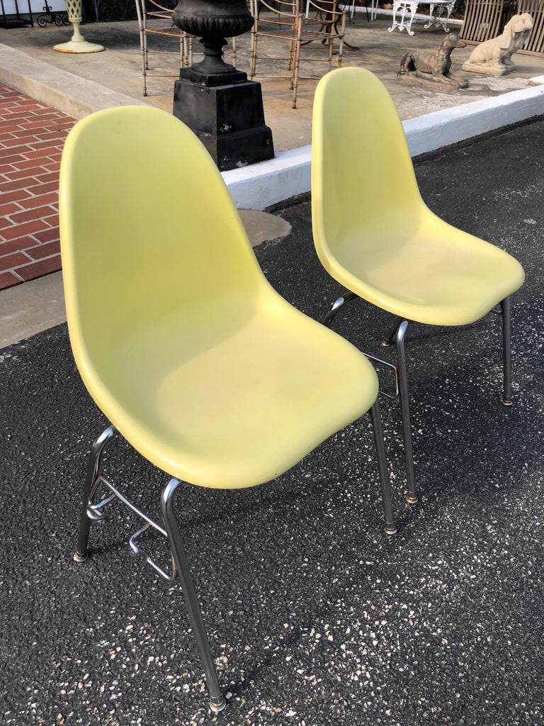 Pair of Eames Style Yellow Fiberglass Shell Chairs by Techfab For Sale