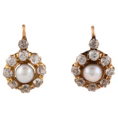Pair of Ear Studs with Natural Pearl and Old Diamond