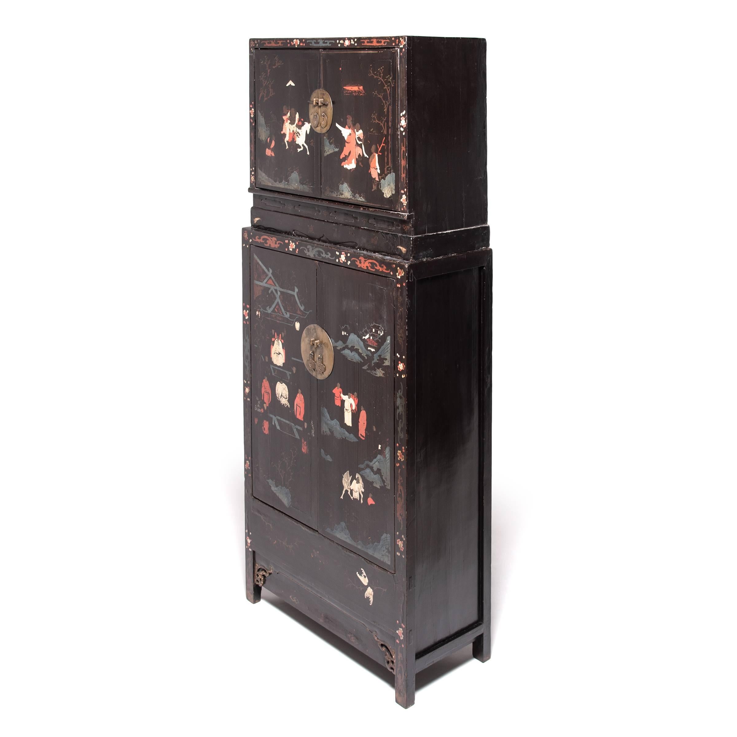 17th Century Pair of Chinese Ming Painted Compound Cabinets, c. 1600 For Sale