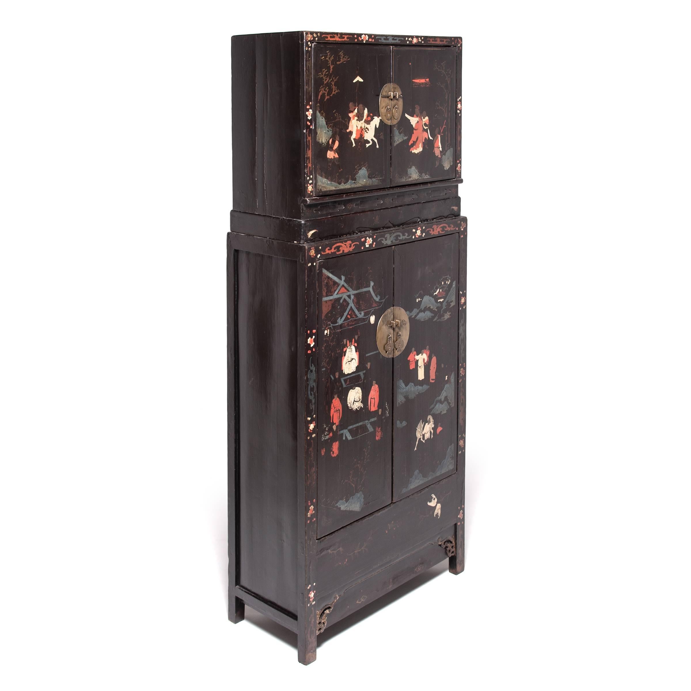Pair of Chinese Ming Painted Compound Cabinets, c. 1600 For Sale 1