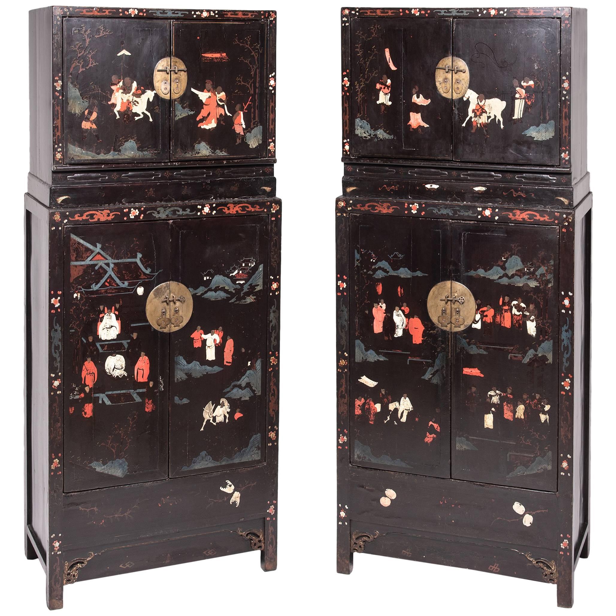 Pair of Chinese Ming Painted Compound Cabinets, c. 1600 For Sale