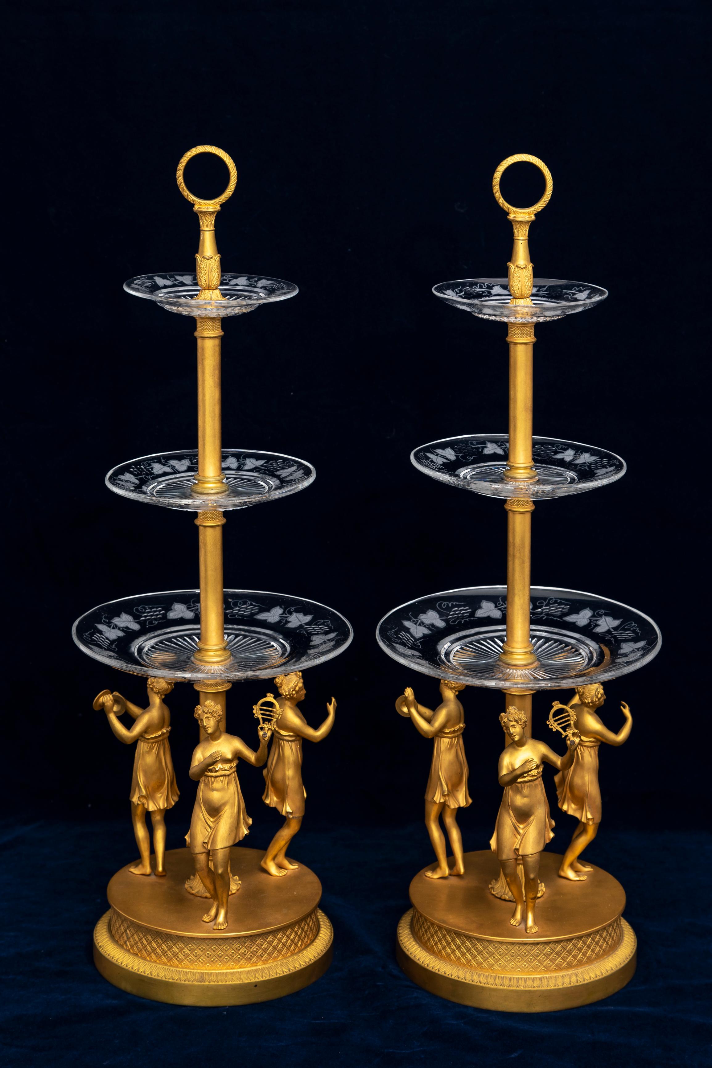 French Pair of Early 1800s Empire Baccarat Crystal and Bronze Tazza Centerpieces For Sale