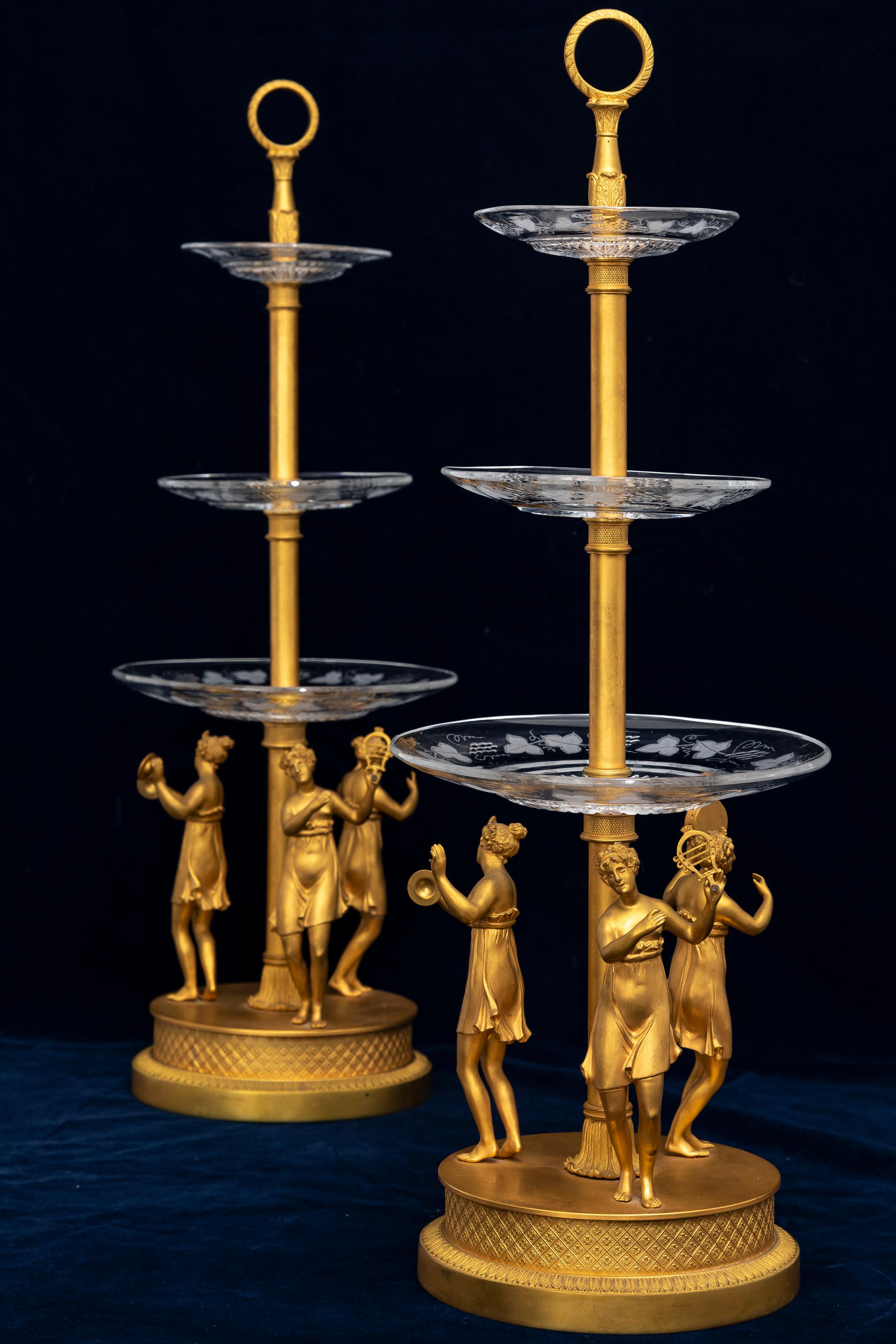 Gilt Pair of Early 1800s Empire Baccarat Crystal and Bronze Tazza Centerpieces For Sale