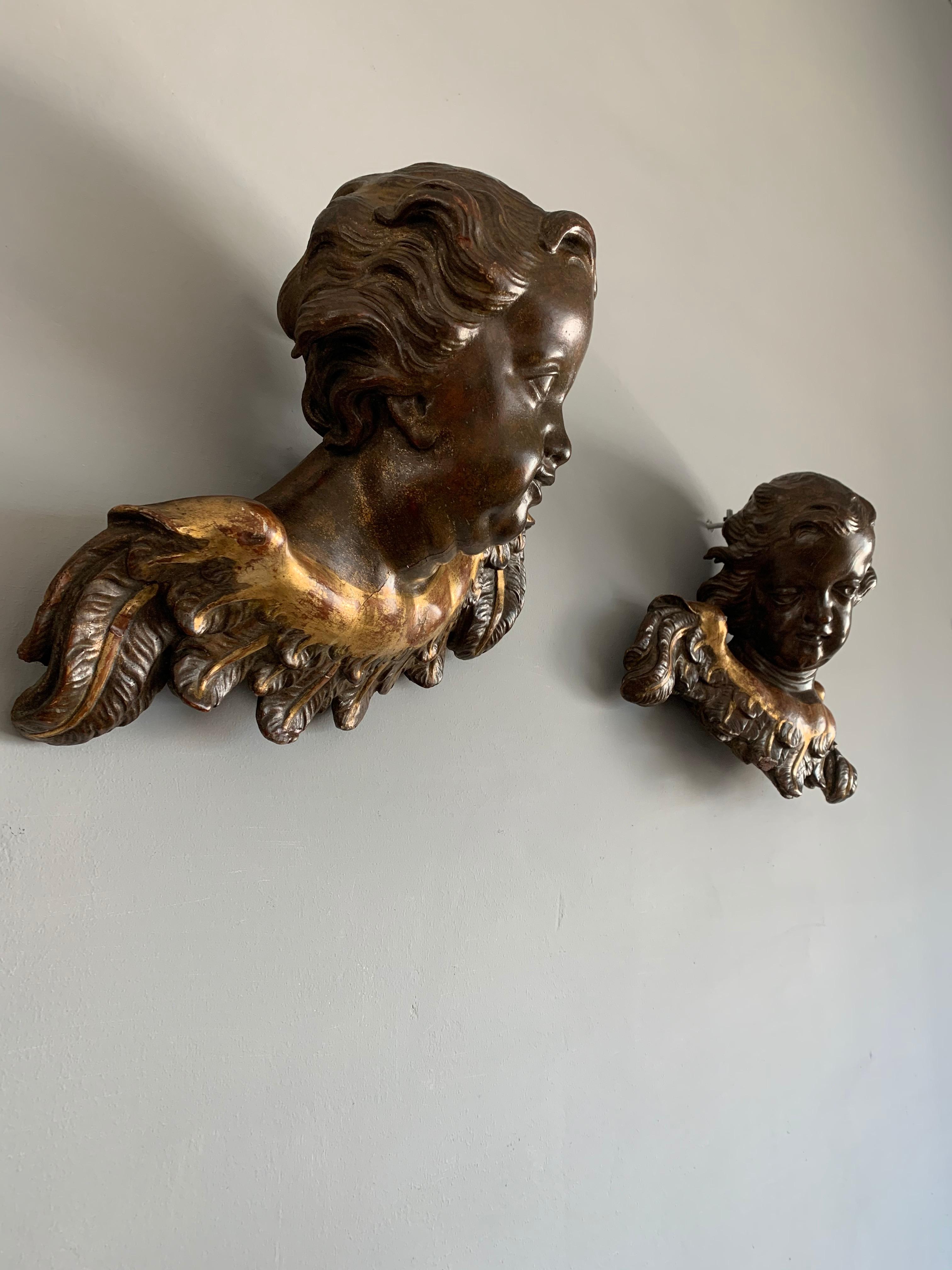 Pair of Early 1800s Hand Carved & Hand Painted Angels or Putti for Wall Mounting 5