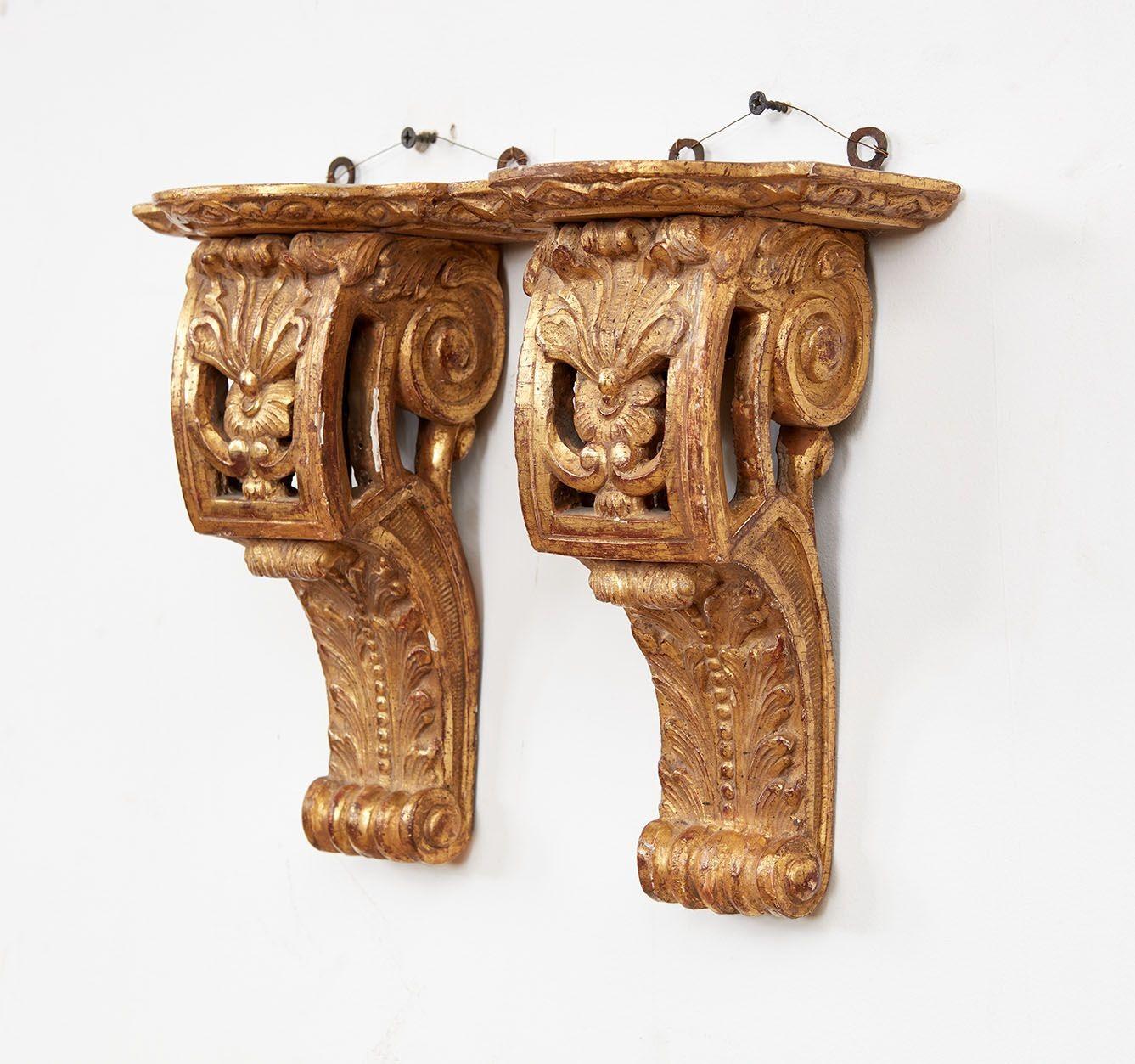 Neoclassical Pair of Early 18th c. Carved and Gilded Regence Wall Brackets For Sale