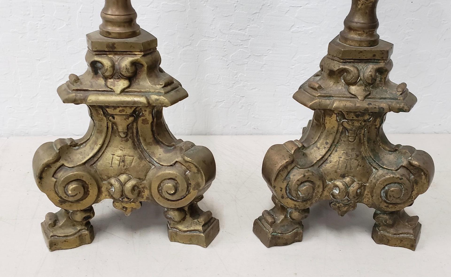 Baroque Pair of Early 18th Century Brass Altar / Mantel Candleholders, circa 1717 For Sale