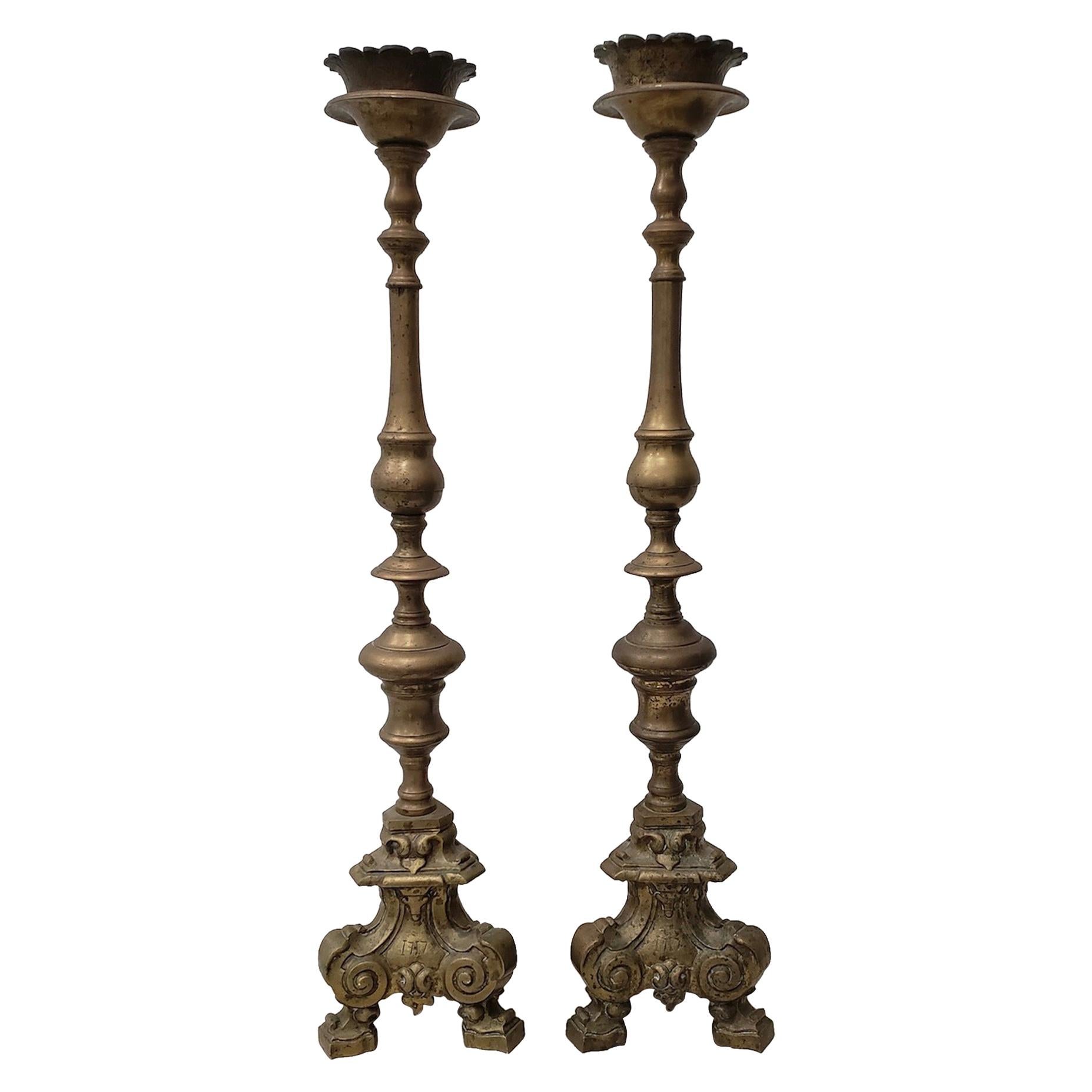 Pair of Early 18th Century Brass Altar / Mantel Candleholders, circa 1717 For Sale