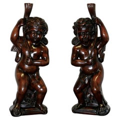 Pair of 18th Century Carved Walnut Putti, Twin Caryatid