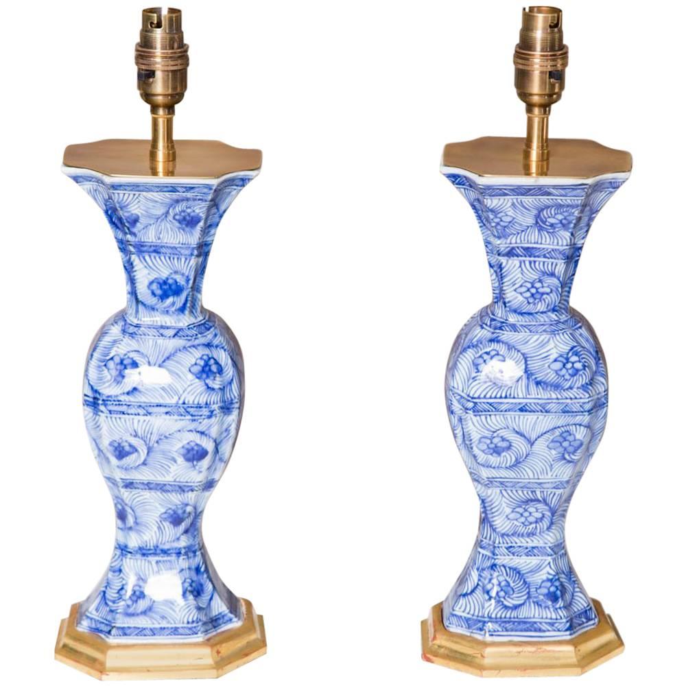 Pair of Early 18th Century Chinese Blue and White Kangxi Vases Mounted as Lamps