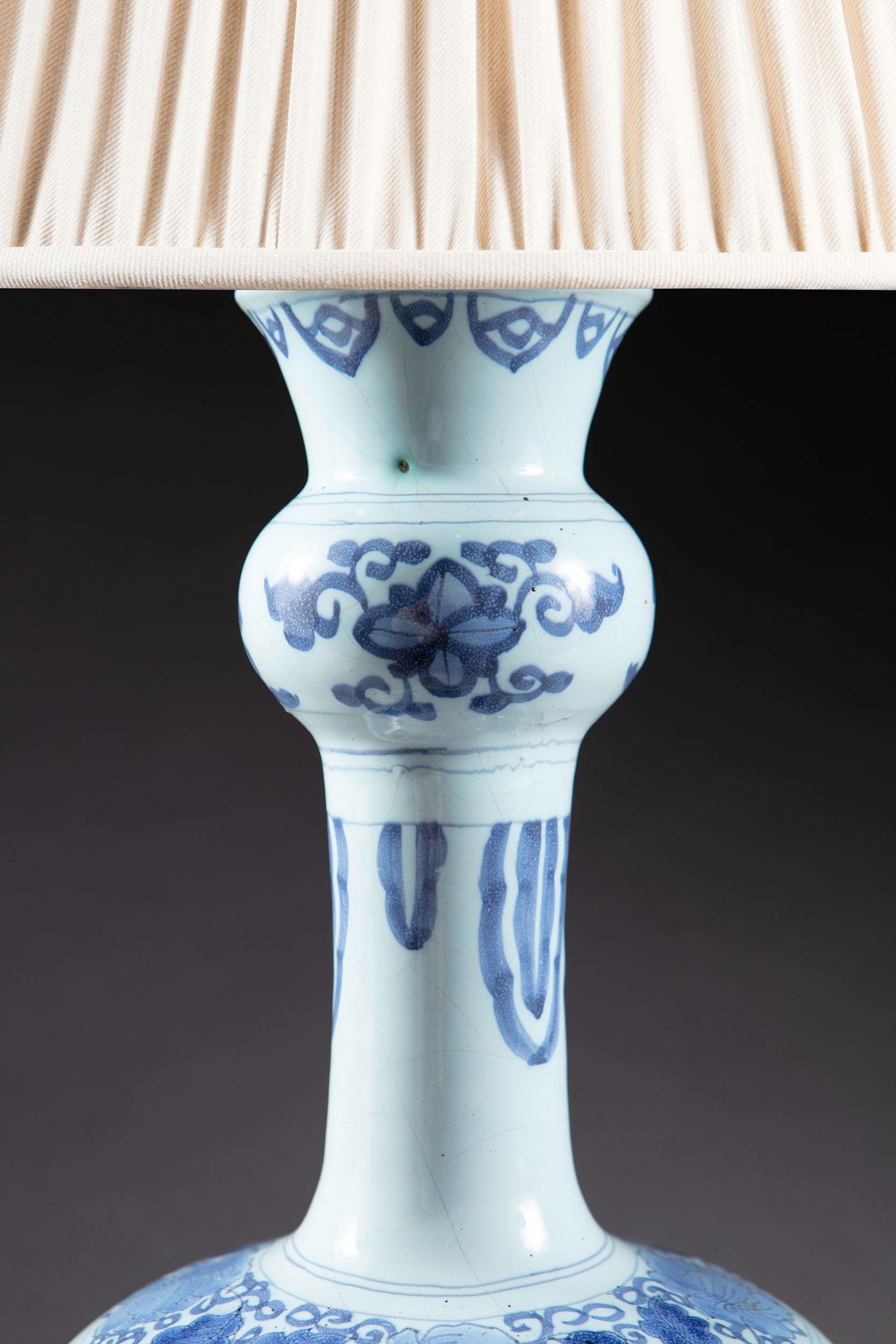 Chinoiserie Pair of Early 18th Century Dutch Delft Knobble Vases Mounted as Table Lamps