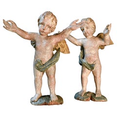 Antique Pair of early 18th century Italian cherubs in polychrome wood