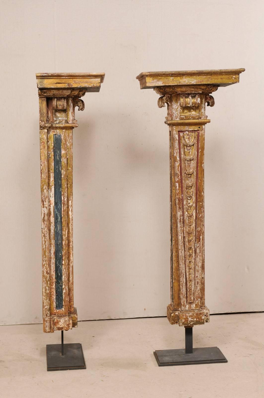 Carved Early 18th Century Italian Pair Exquisite Columns on Custom Stands, 6 Ft. Tall