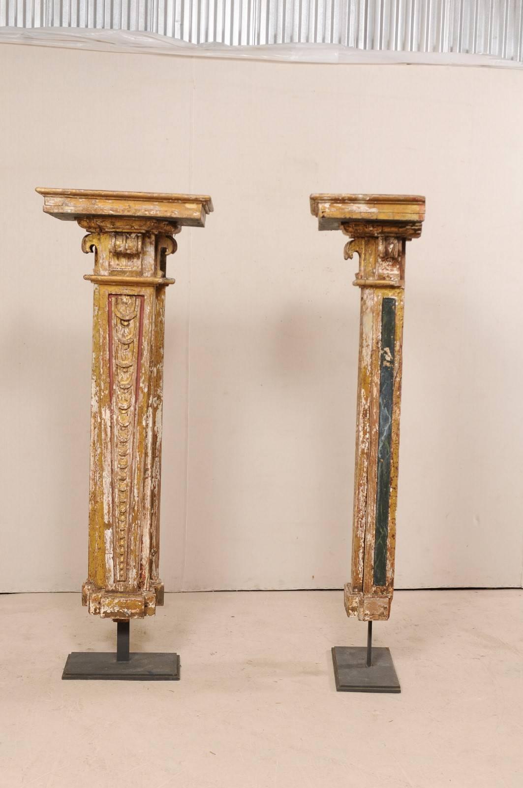 Wood Early 18th Century Italian Pair Exquisite Columns on Custom Stands, 6 Ft. Tall