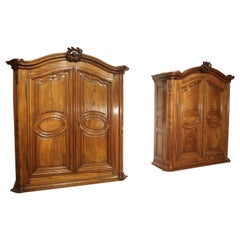 Pair of Early 18th Century Walnut and Olive Wood Armoires from Eastern France