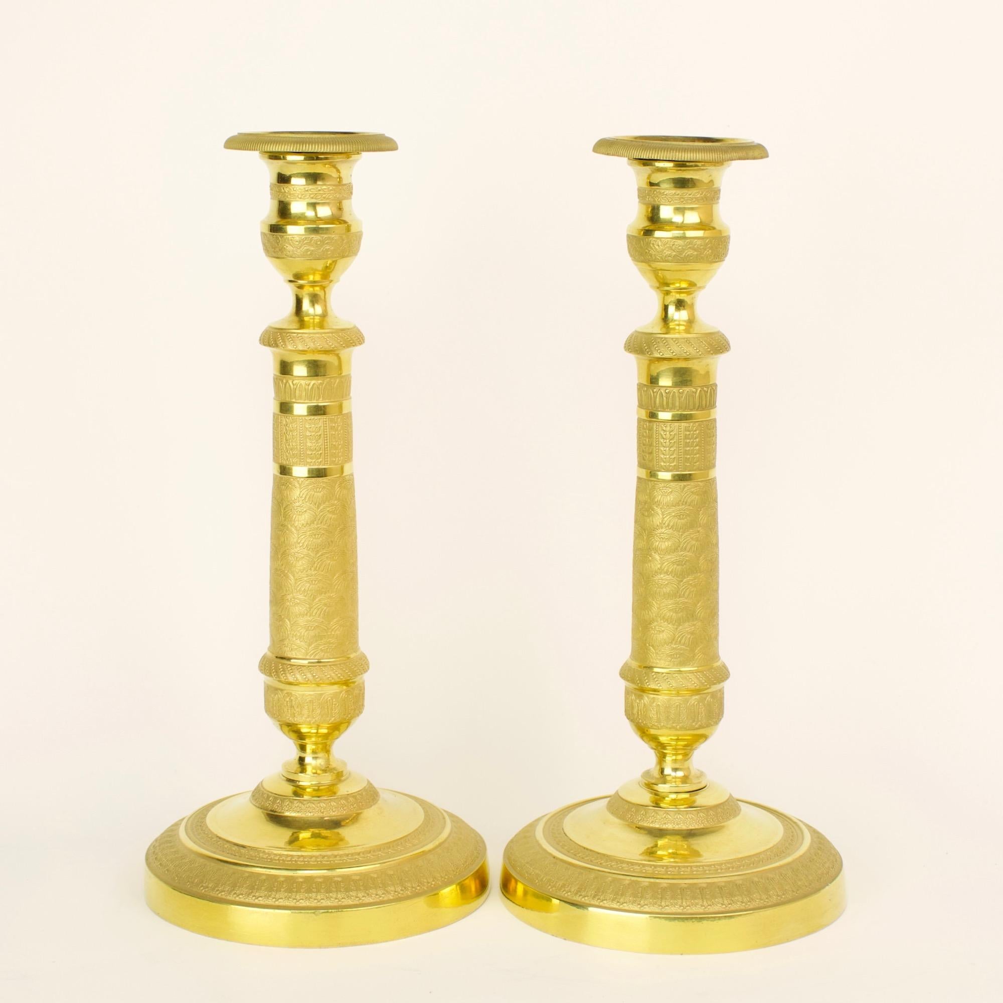 Pair of Early 19 Century French Empire Gilt Bronze Neoclassical Candlesticks For Sale 4