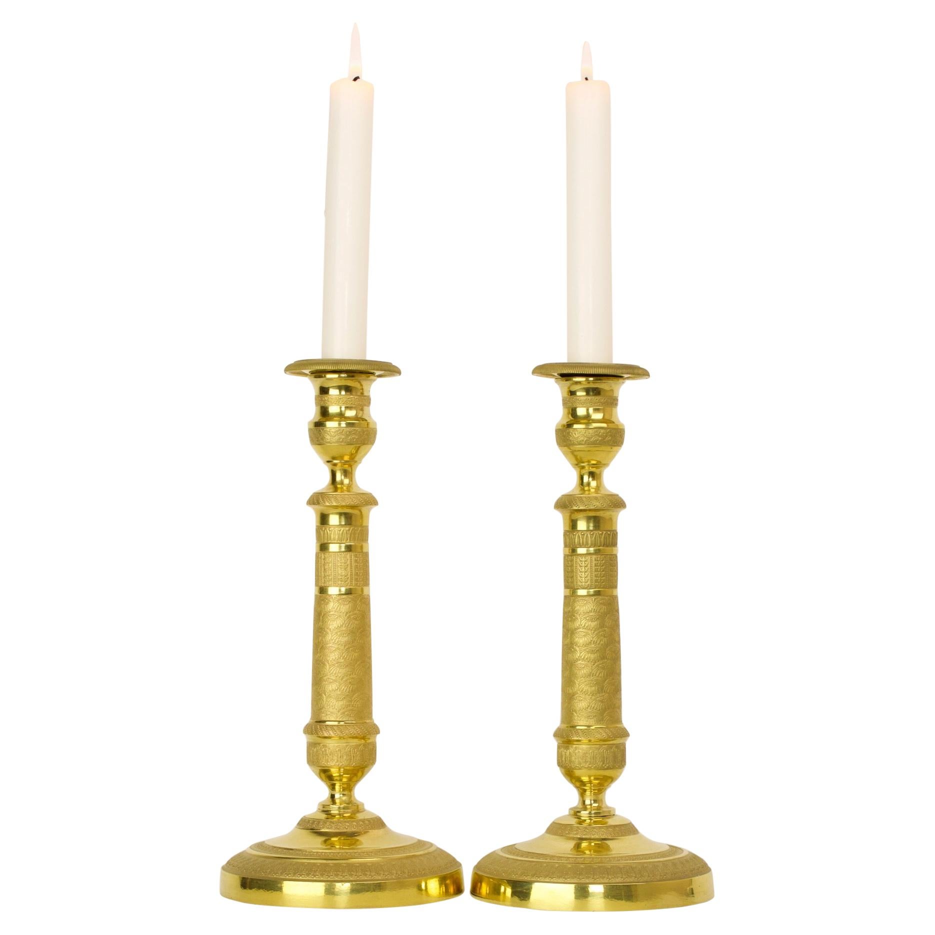 Pair of Early 19 Century French Empire Gilt Bronze Neoclassical Candlesticks