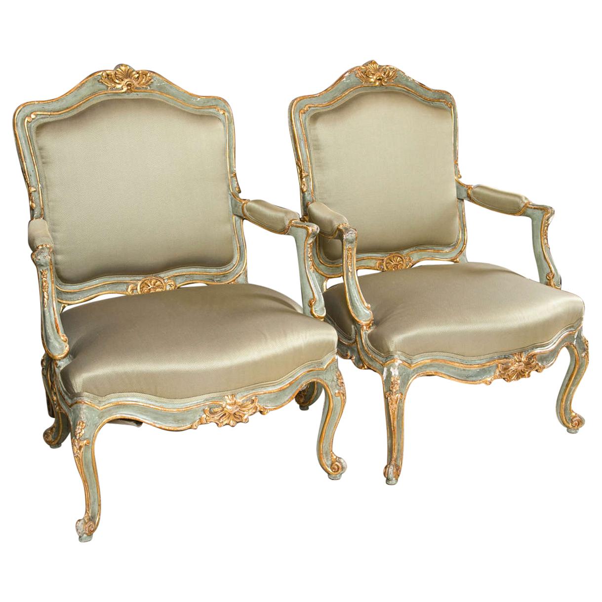 Pair of Early 19 Century Louis XVI Style Parcel-Gilt & Paint Decorated Armchairs