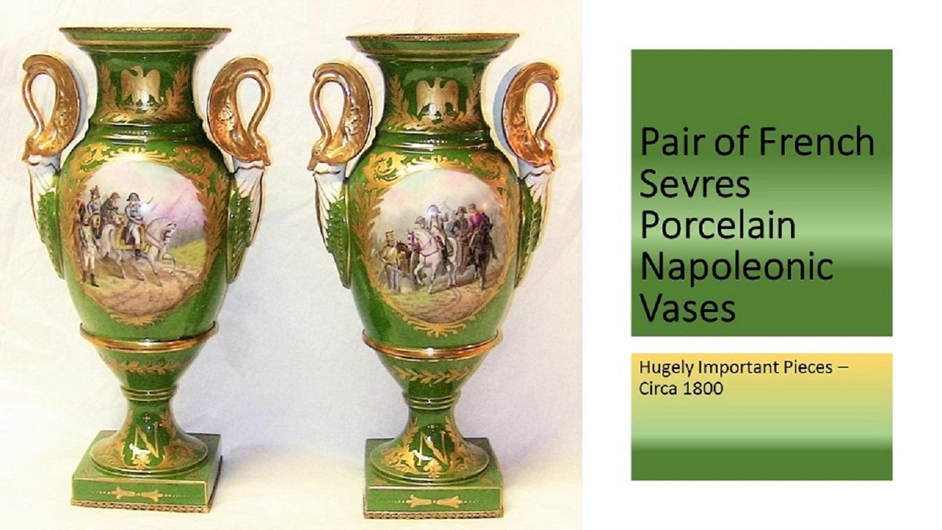 PRESENTING an ABSOLUTELY AMAZING Pair of French Sevres Porcelain Napoleonic Vases from the Late 18th Century or Very Early 19th Century, circa 1800. These 2 vases are in the shape of double swan handled, open or unlidded urns. They were made by the