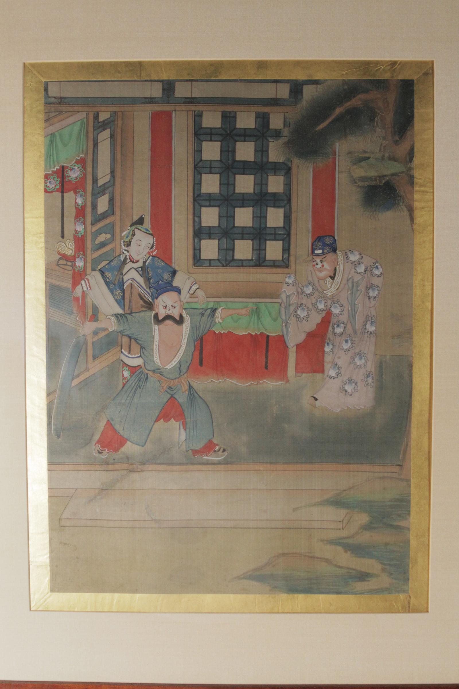 Chinese Export Pair of Early 1900s Asian Watercolors Mounted in Custom Frames
