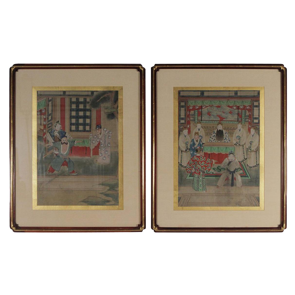 Pair of Early 1900s Asian Watercolors Mounted in Custom Frames