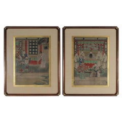 Pair of Early 1900s Asian Watercolors Mounted in Custom Frames