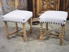 Pair of Early 1900s Bleached French Stools with White Cotton and Nailhead Trim