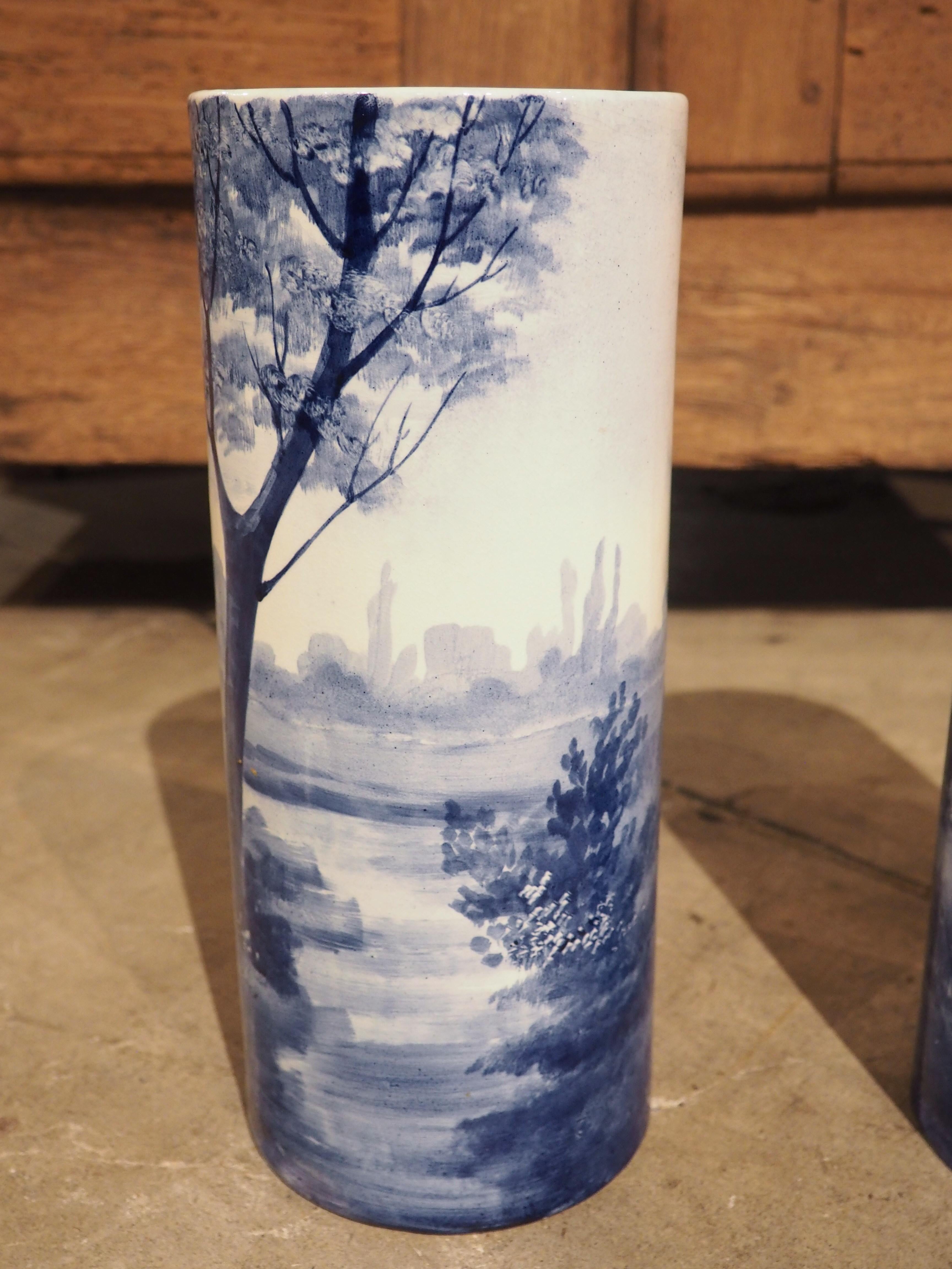 Pair of Early 1900’s Cobalt Blue and White Cylinder form Vases from Holland For Sale 7