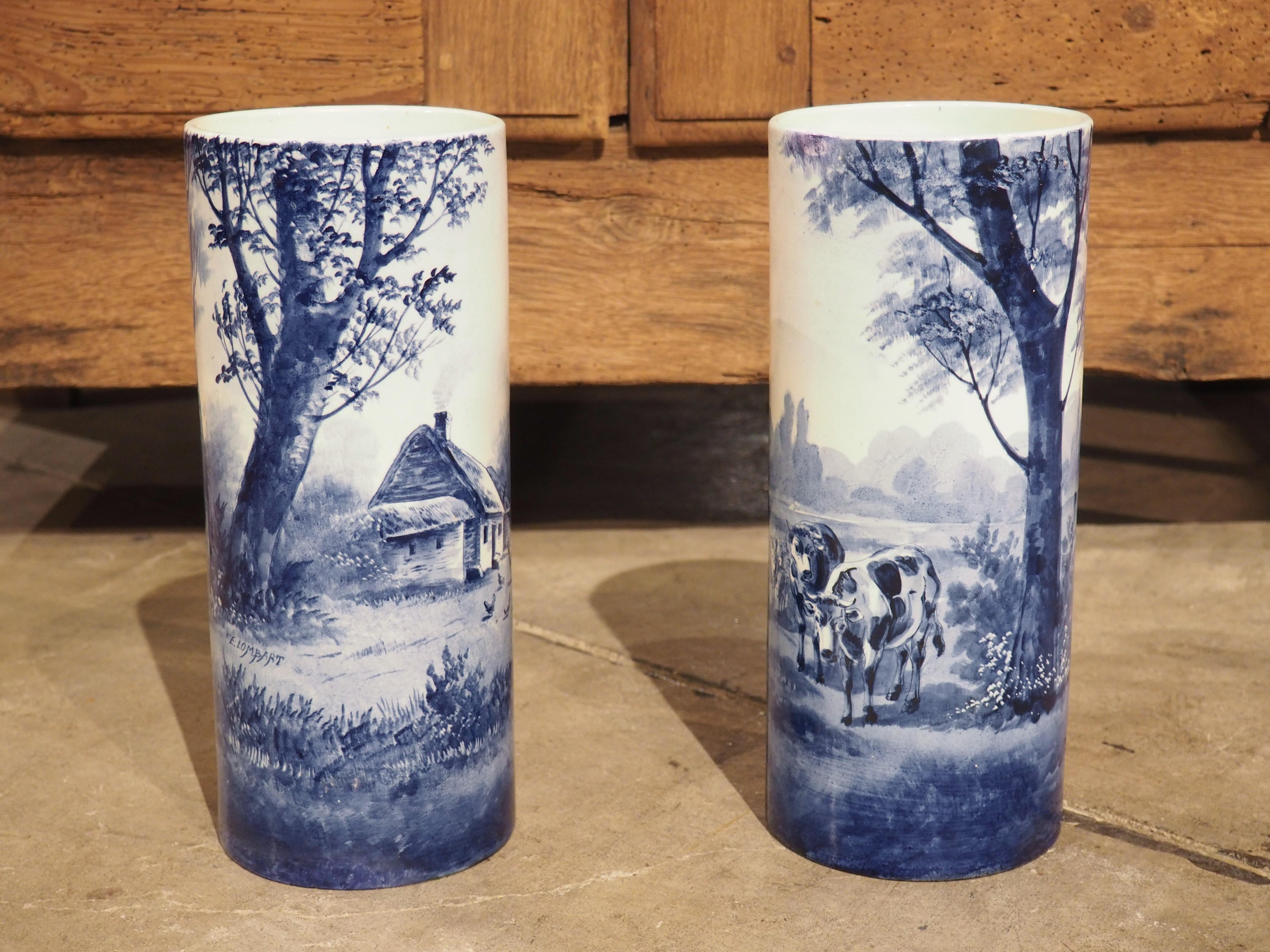 Pair of Early 1900’s Cobalt Blue and White Cylinder form Vases from Holland For Sale 12