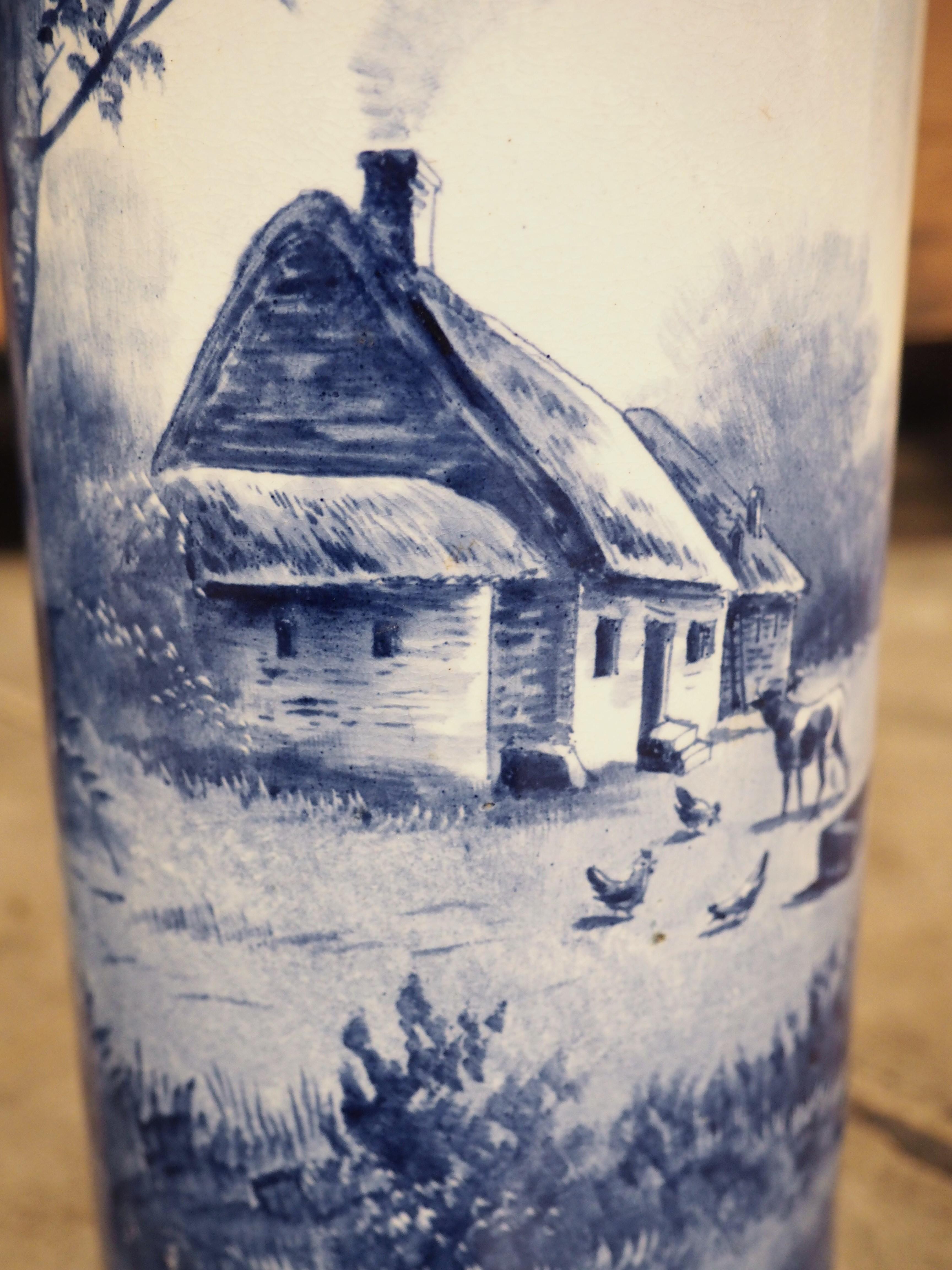 Hand-Painted Pair of Early 1900’s Cobalt Blue and White Cylinder form Vases from Holland For Sale