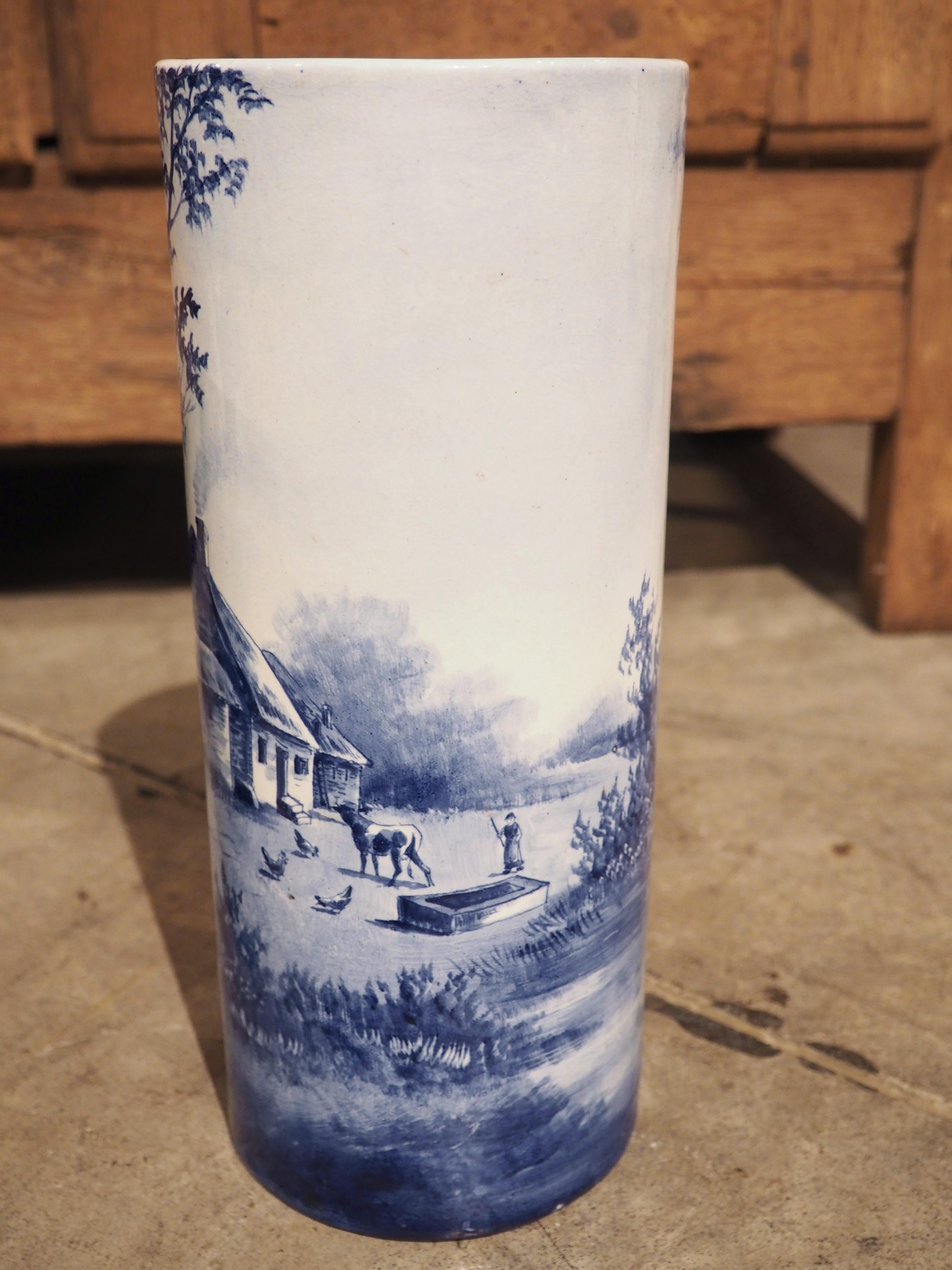 Pair of Early 1900’s Cobalt Blue and White Cylinder form Vases from Holland In Good Condition For Sale In Dallas, TX