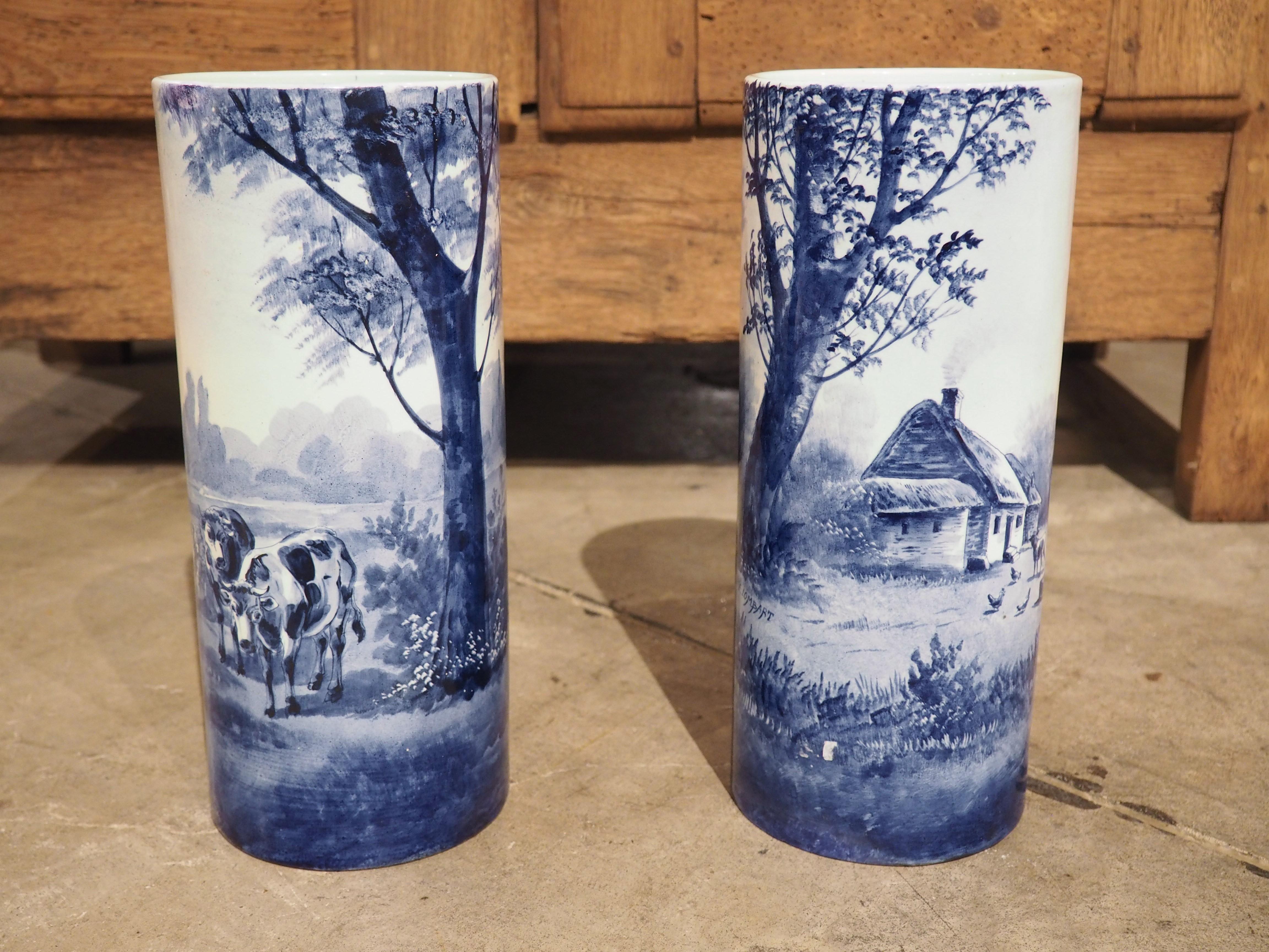 Ceramic Pair of Early 1900’s Cobalt Blue and White Cylinder form Vases from Holland For Sale