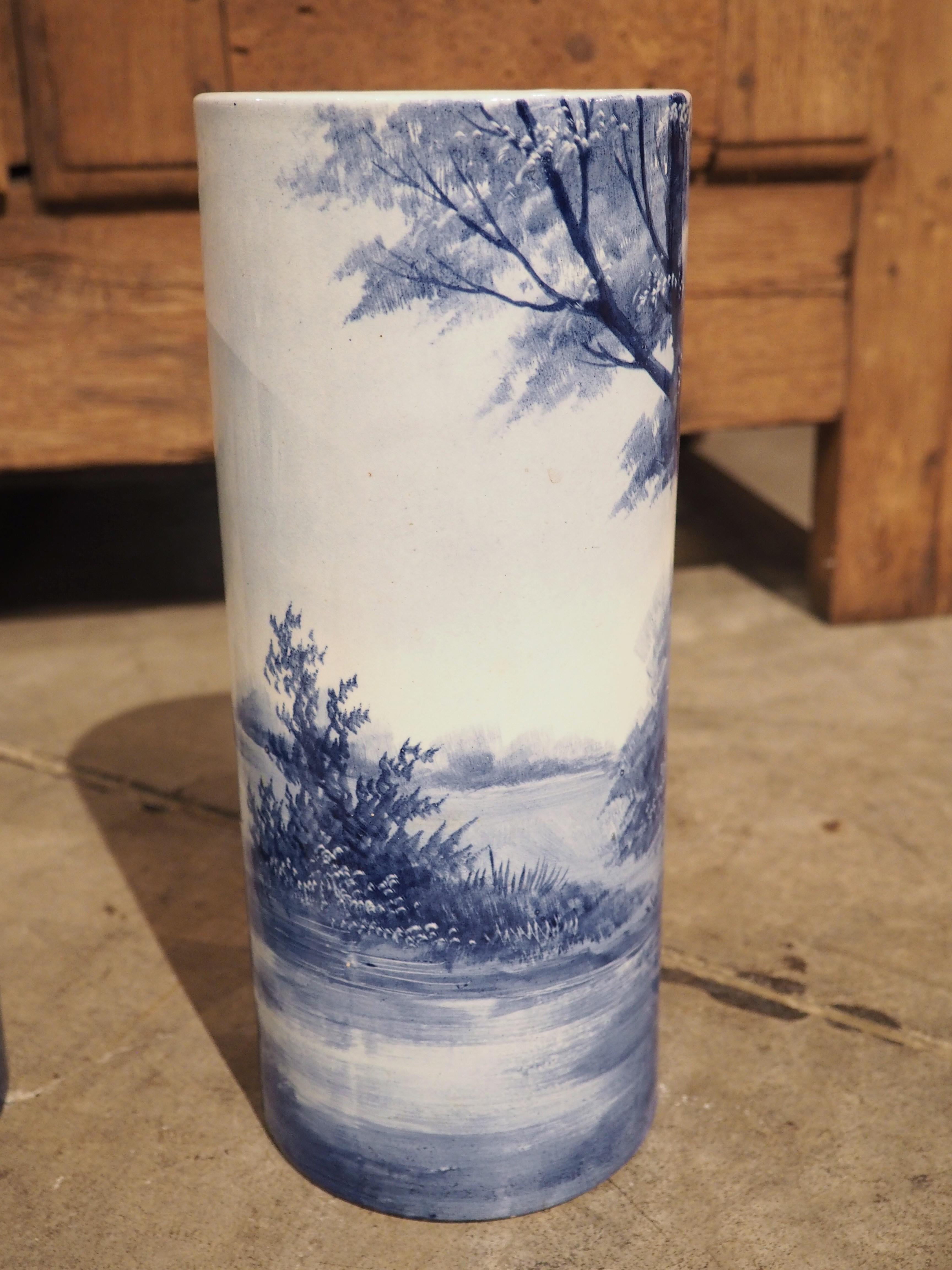 Pair of Early 1900’s Cobalt Blue and White Cylinder form Vases from Holland For Sale 1