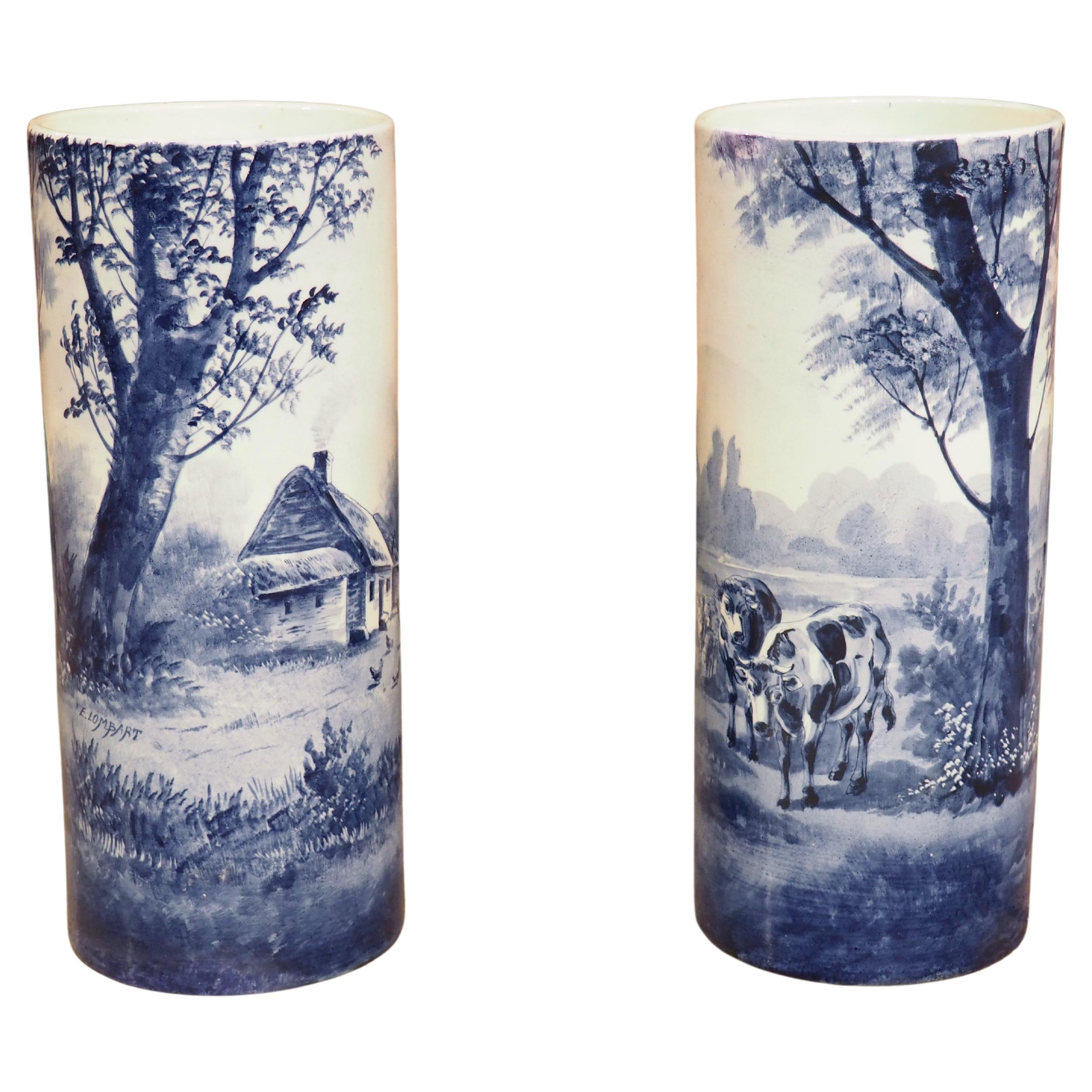 Pair of Early 1900’s Cobalt Blue and White Cylinder form Vases from Holland For Sale