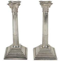 Pair of Early 1900s English Sterling Silver Column Motif Candlesticks