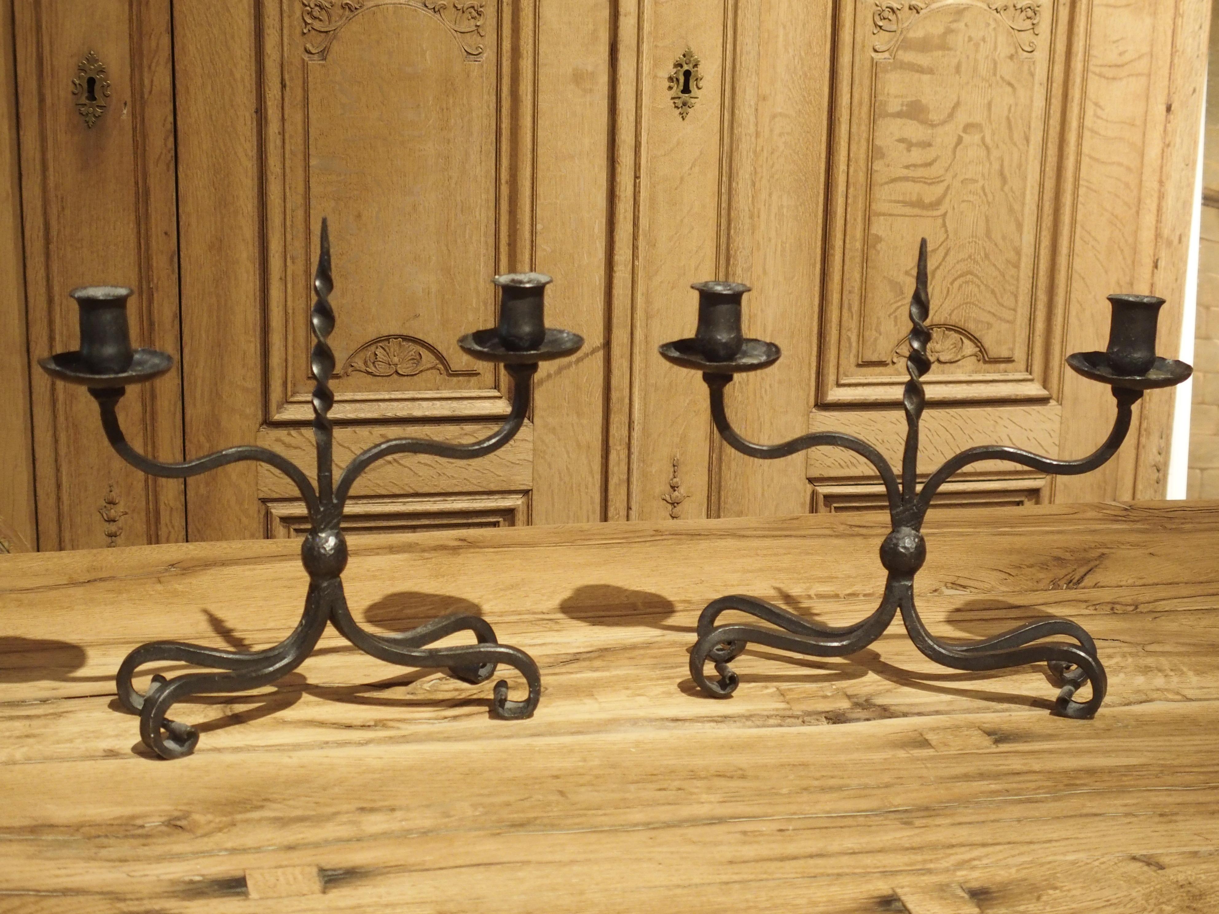Pair of Early 1900s Forged Iron Candleholders from France For Sale 8