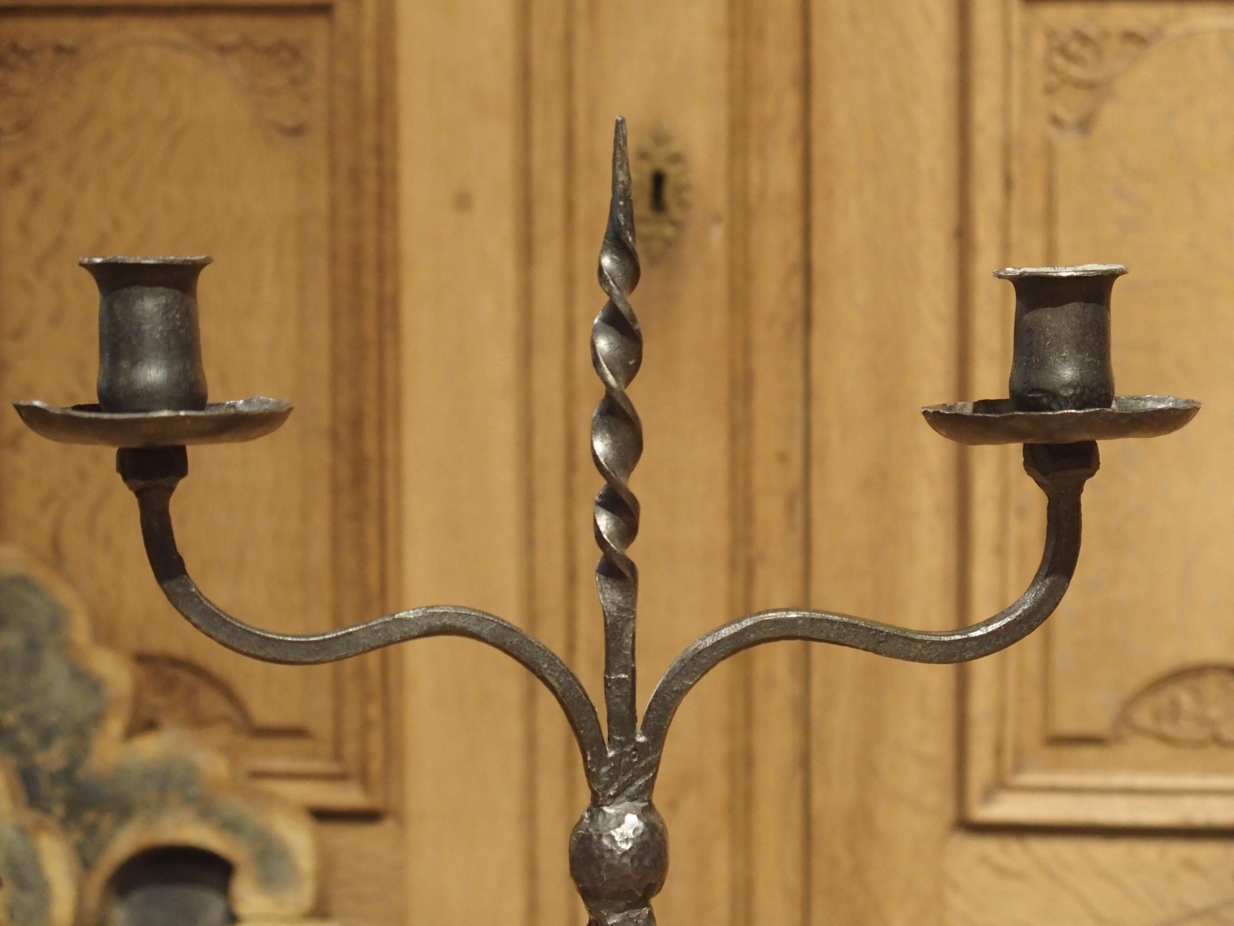 Pair of Early 1900s Forged Iron Candleholders from France In Good Condition For Sale In Dallas, TX