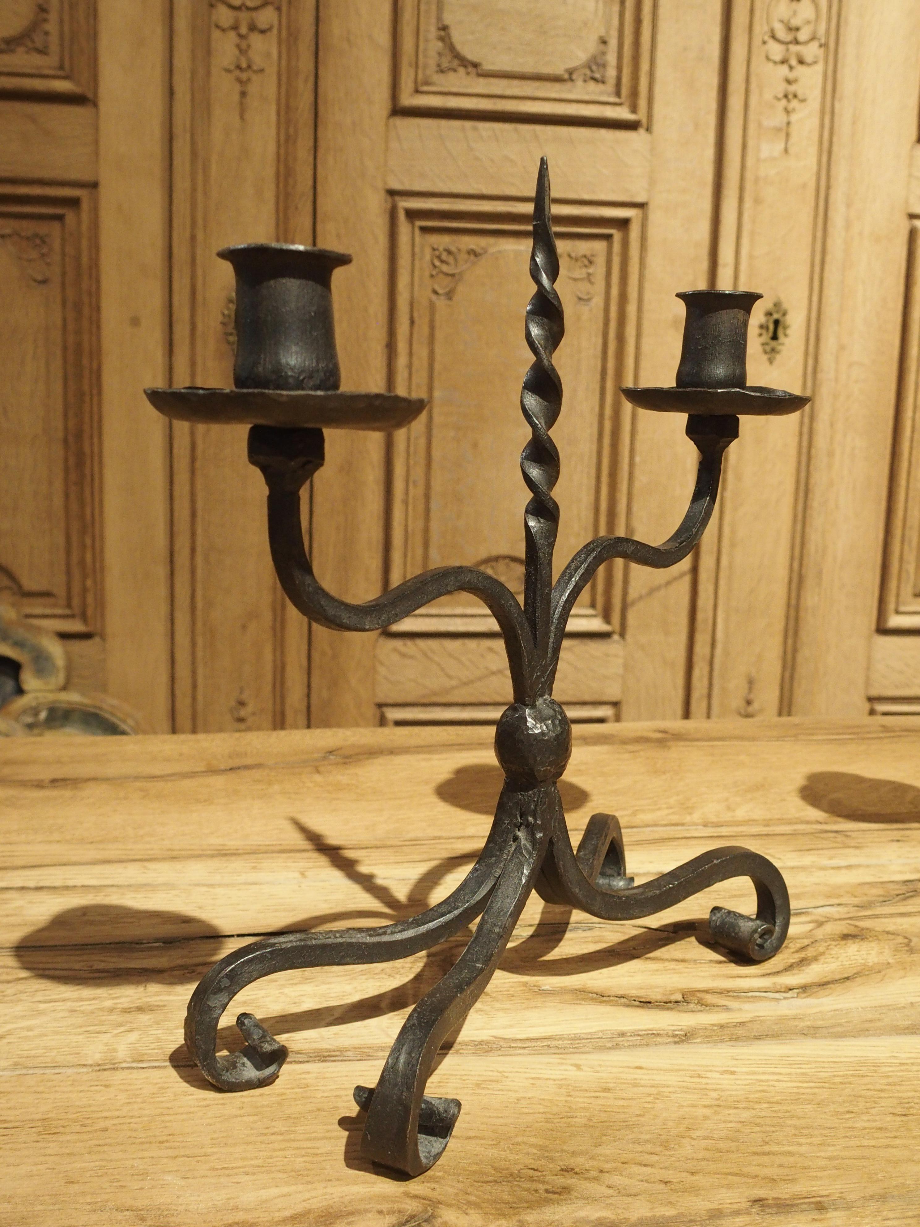 Pair of Early 1900s Forged Iron Candleholders from France For Sale 2