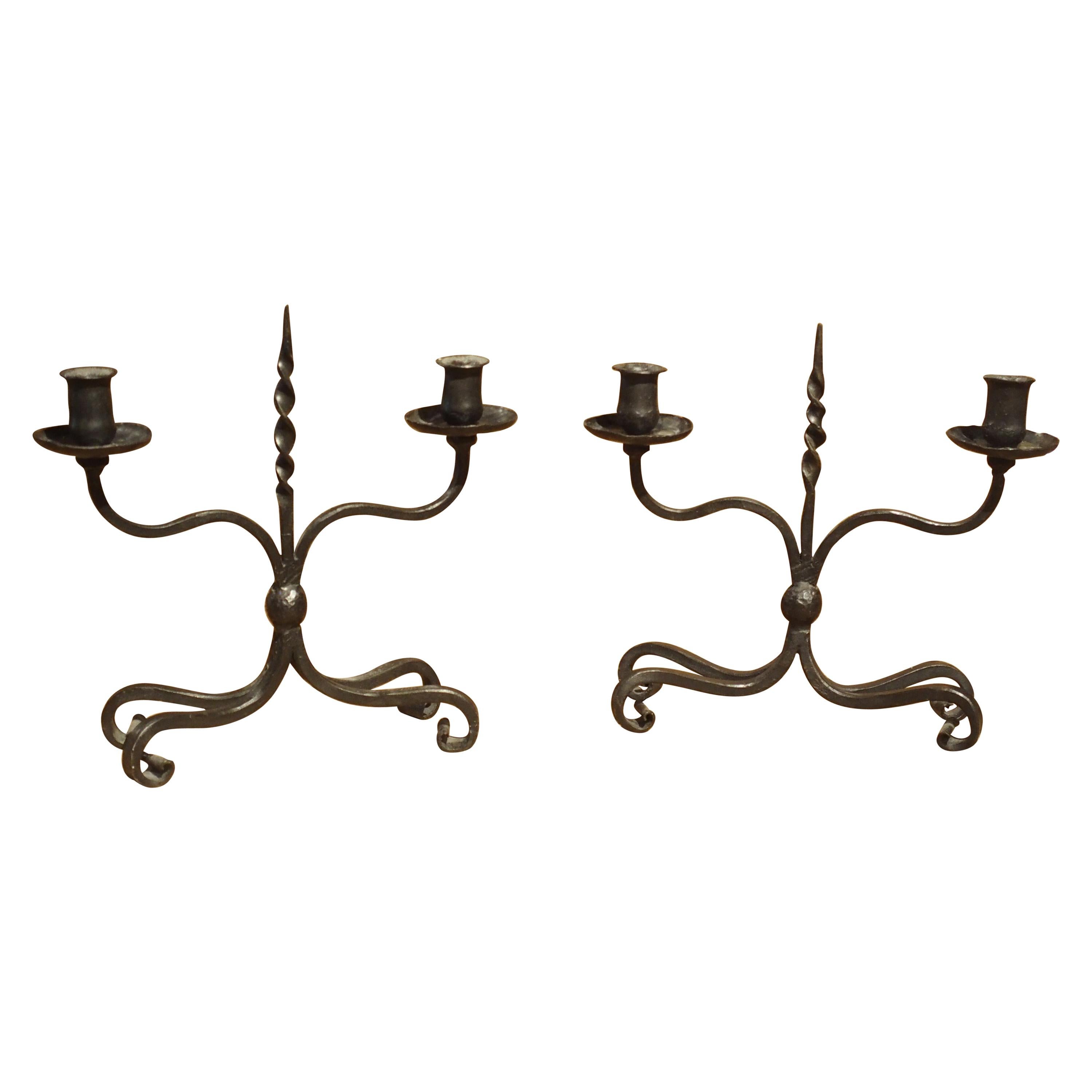 Pair of Early 1900s Forged Iron Candleholders from France For Sale