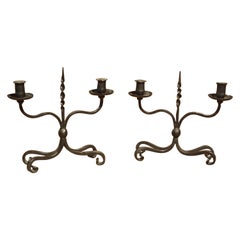 Pair of Early 1900s Forged Iron Candleholders from France