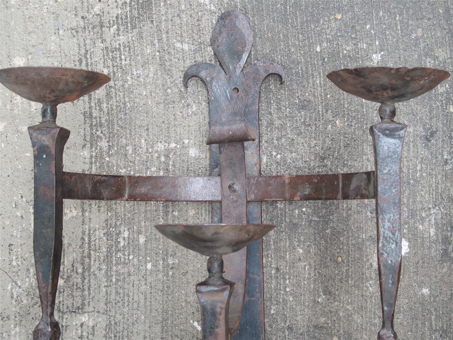 French Pair of Early 1900's Forged Iron Fleur De Lys Sconces from France