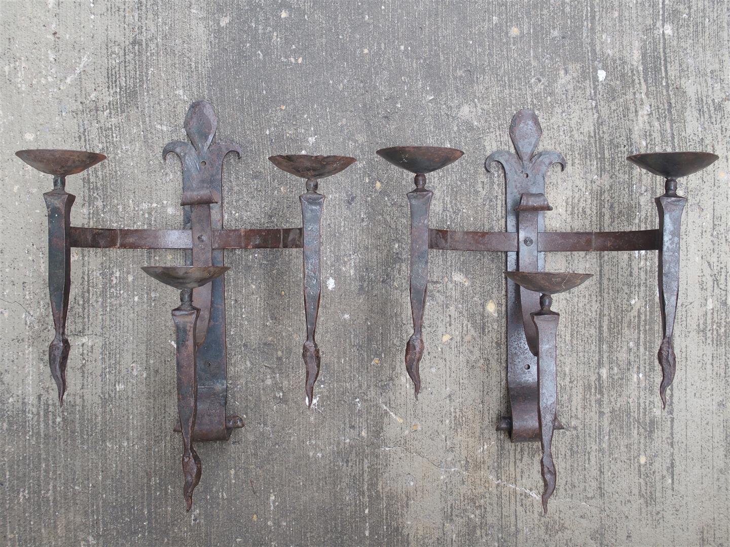 Pair of Early 1900's Forged Iron Fleur De Lys Sconces from France 2