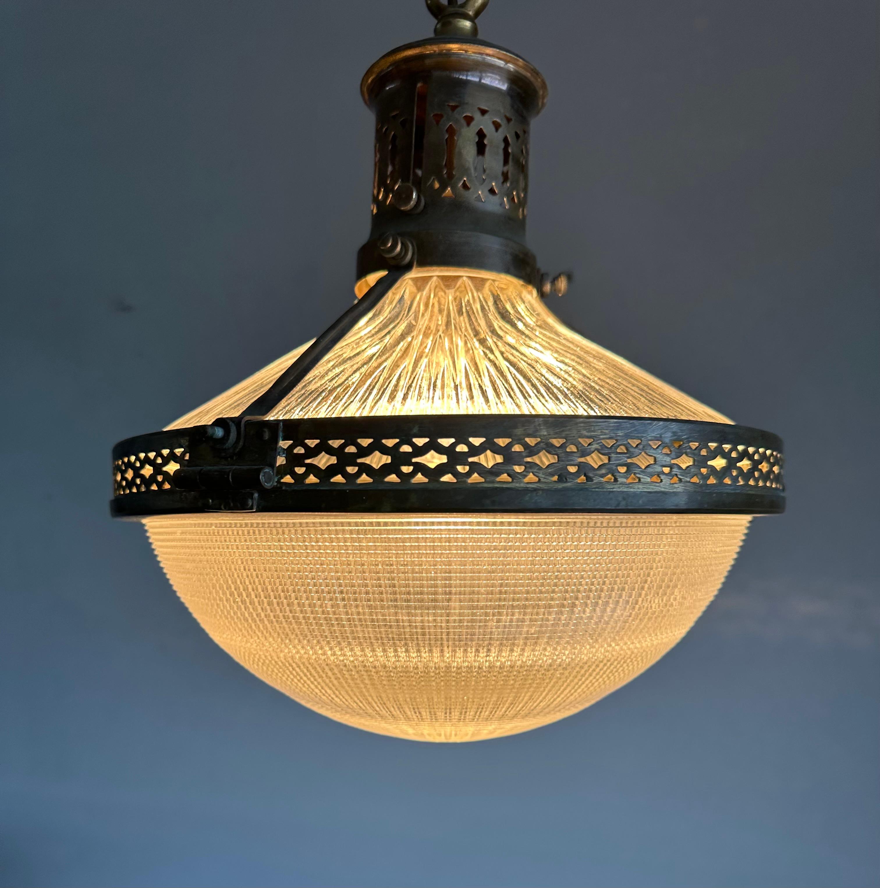Pair of Early 1900s French Arts & Crafts Holophane Brass & Glass Pendant Lights For Sale 4