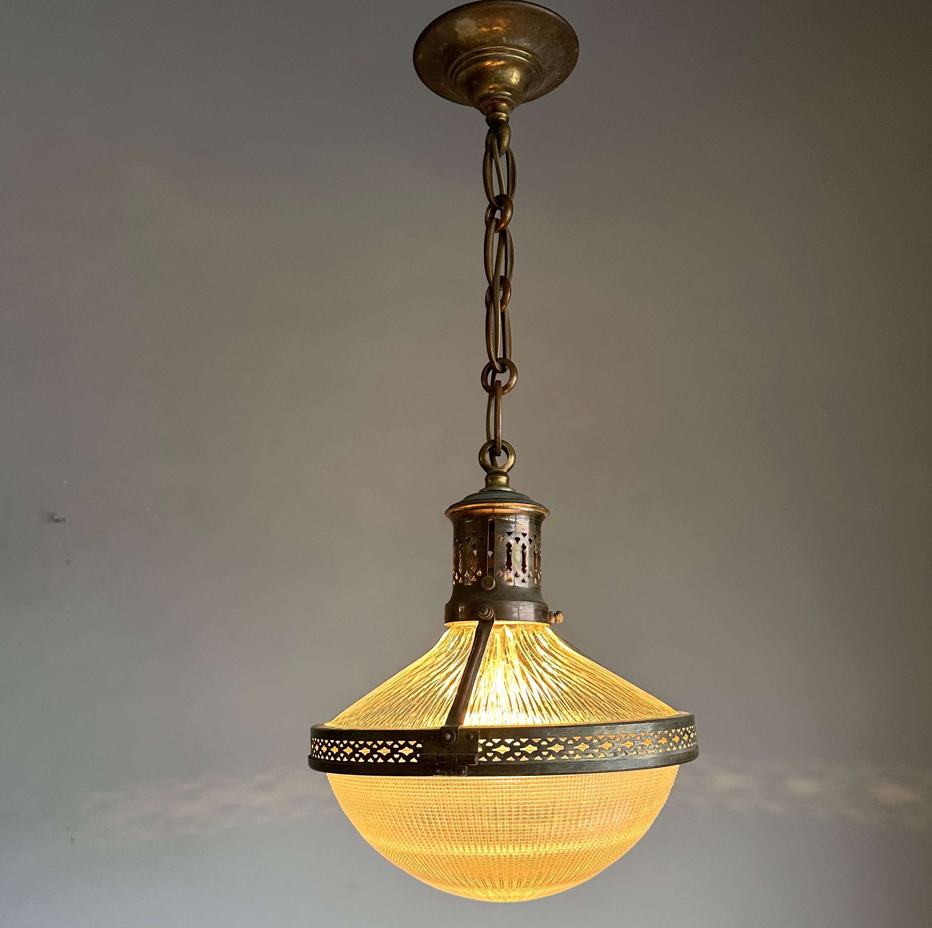 Pair of Early 1900s French Arts & Crafts Holophane Brass & Glass Pendant Lights For Sale 6